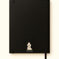 Black notebook with a logo on a white background