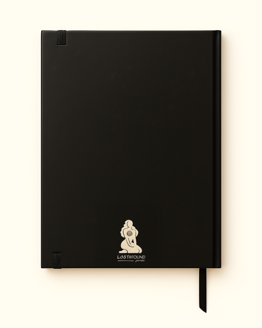 Black notebook with a logo on a white background